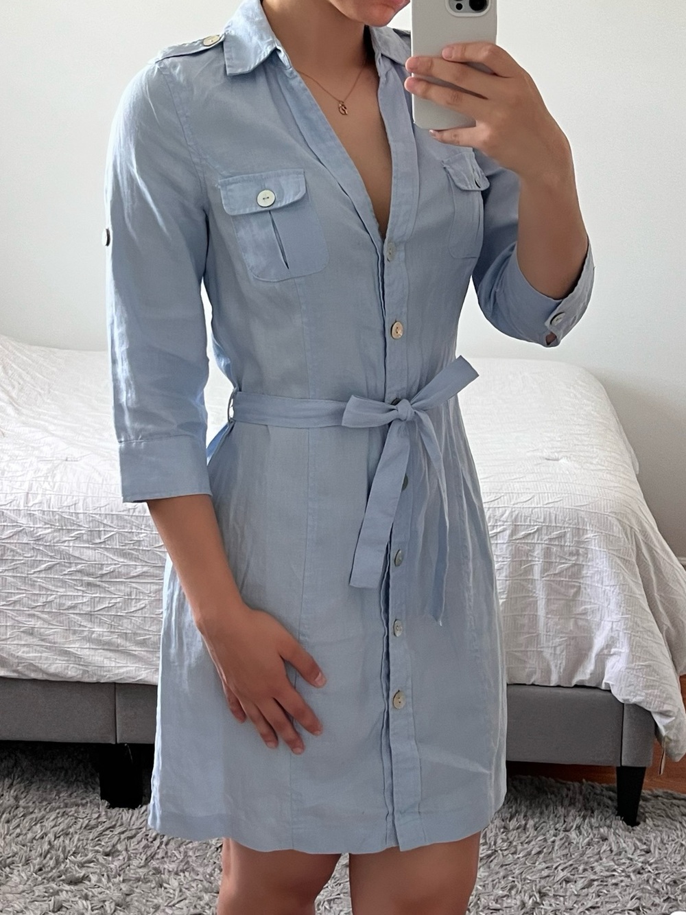 Linen Light Blue Button-Front Shirt Dress with Waist Tie